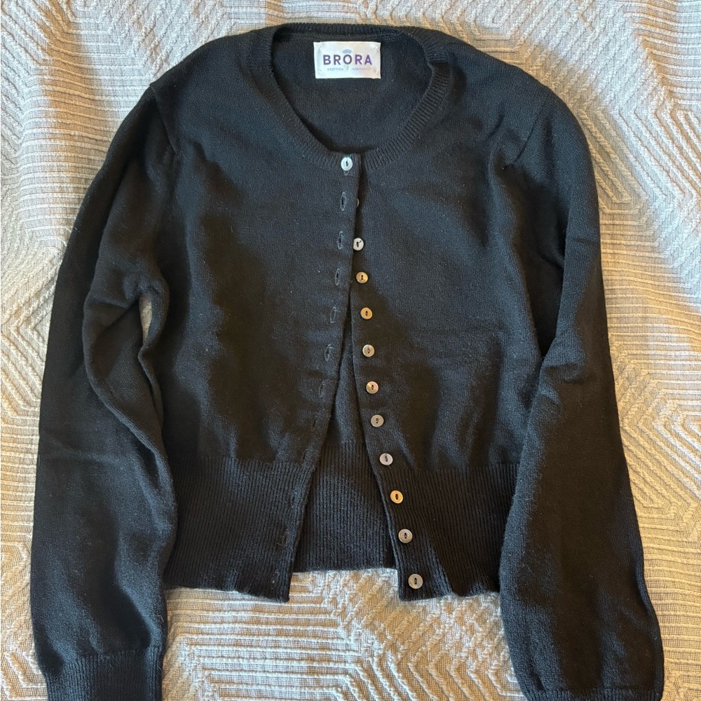 Brora Black Cashmere Crewneck Button Cardigan
